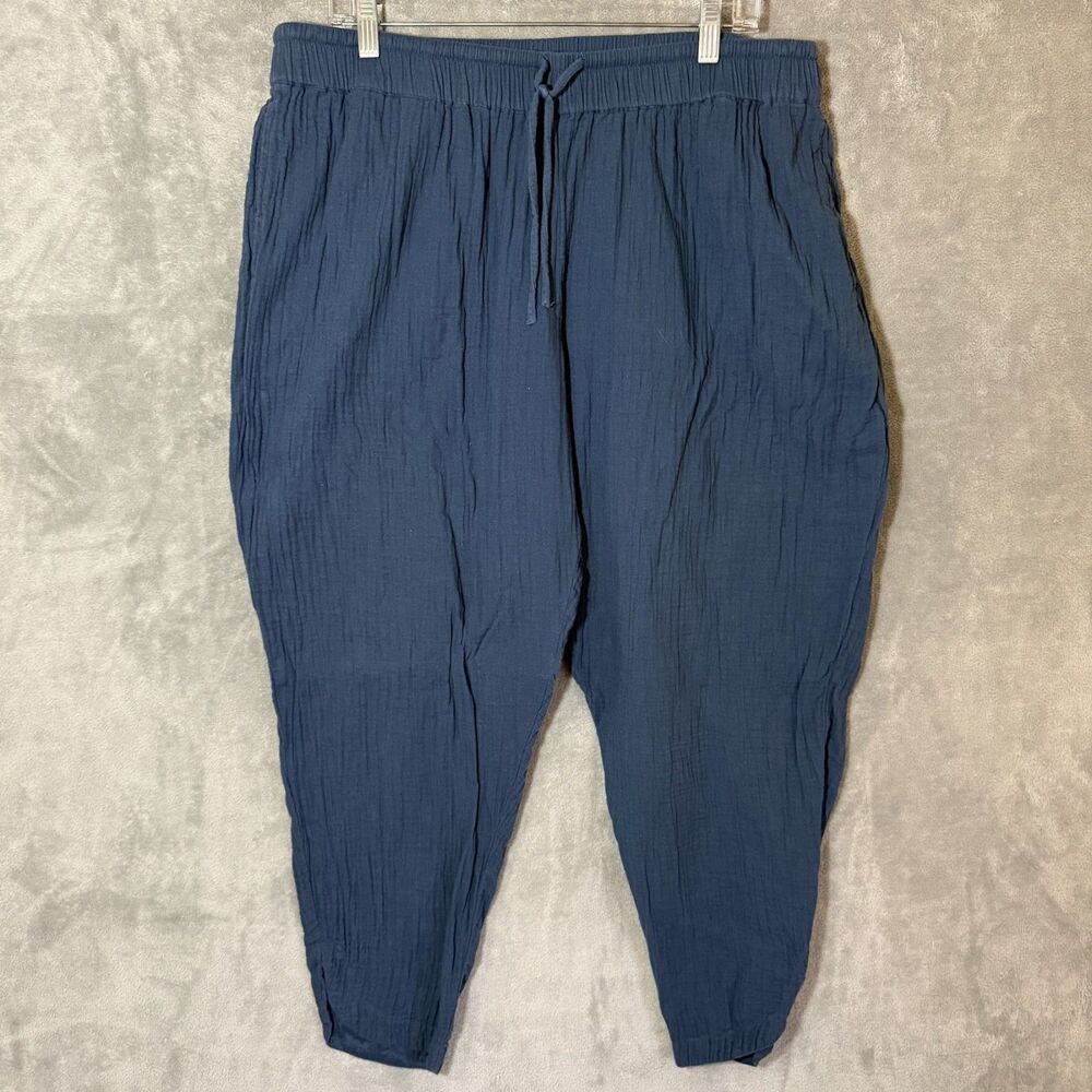 Pact Womens XL Blue Organic Coastal Double Gauze Crinkle Pull On Tapered Pants